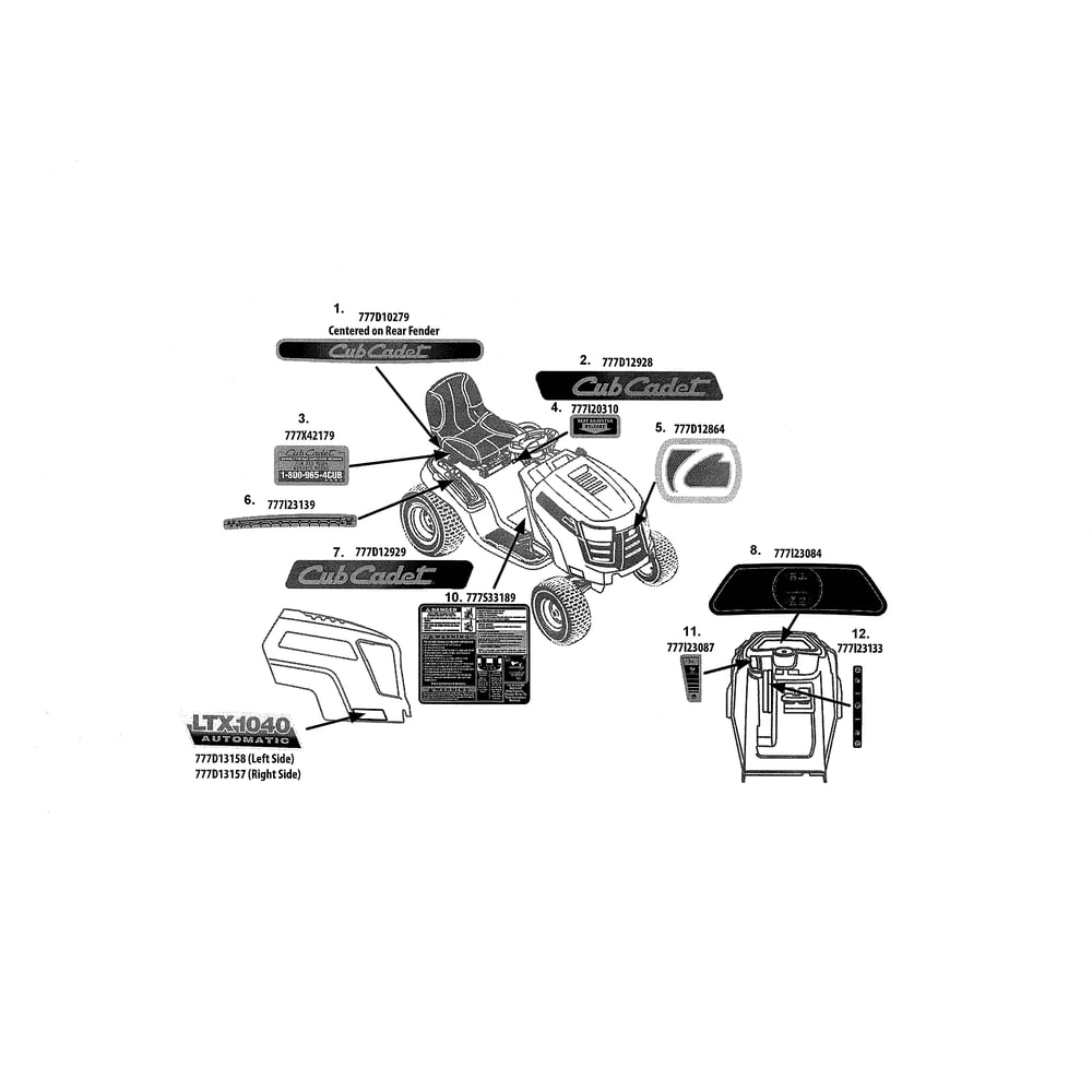 Decals 1 Diagram and Parts List for 13RX90AR256  Cub Cadet Lawn Tractor